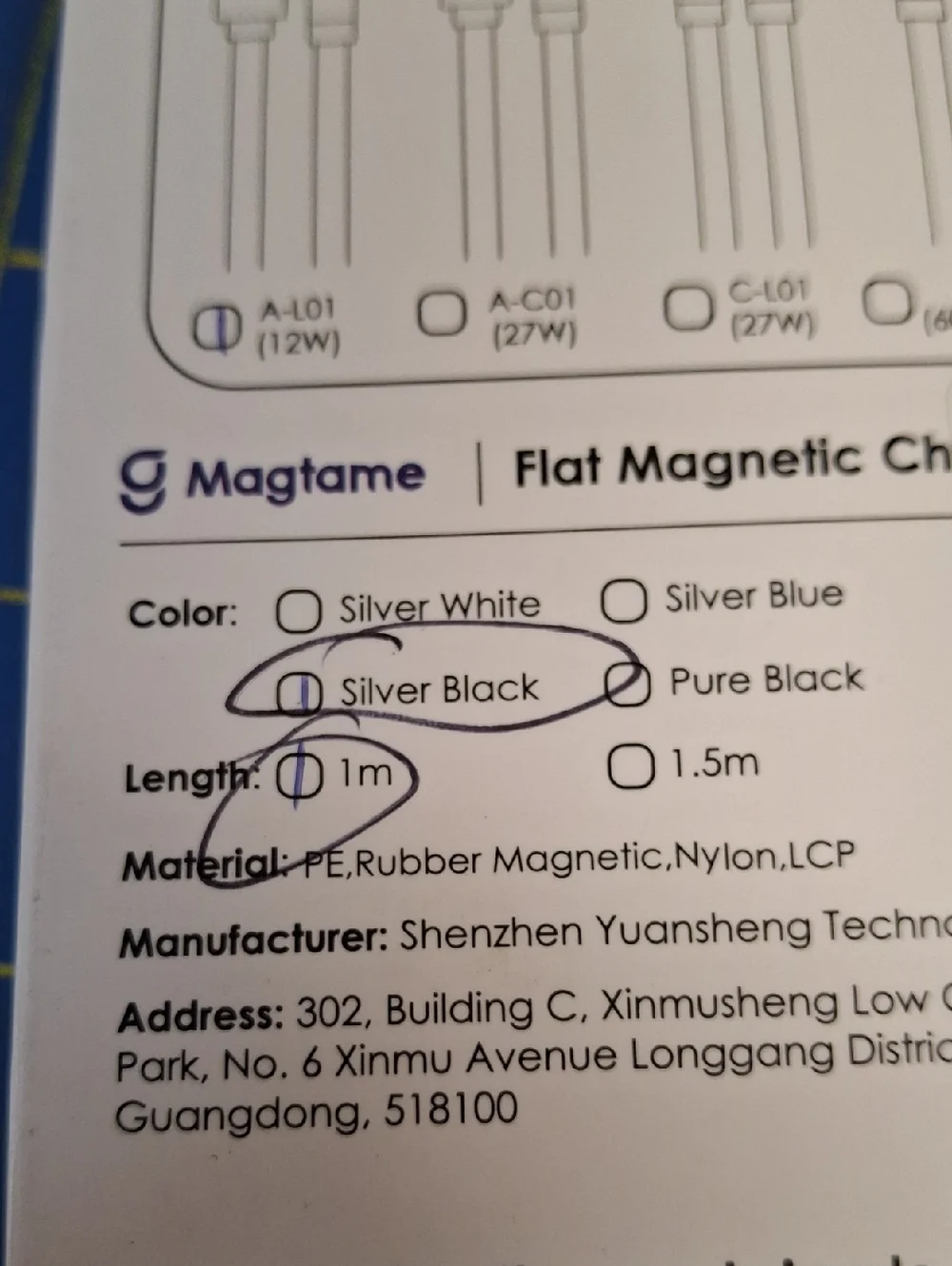 MagTame A-L01 12w Magnetic Charging Cable Data Transfer New 1m Silver Black